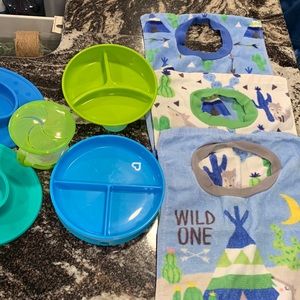 Plates and bibs/cover ups and snack cup